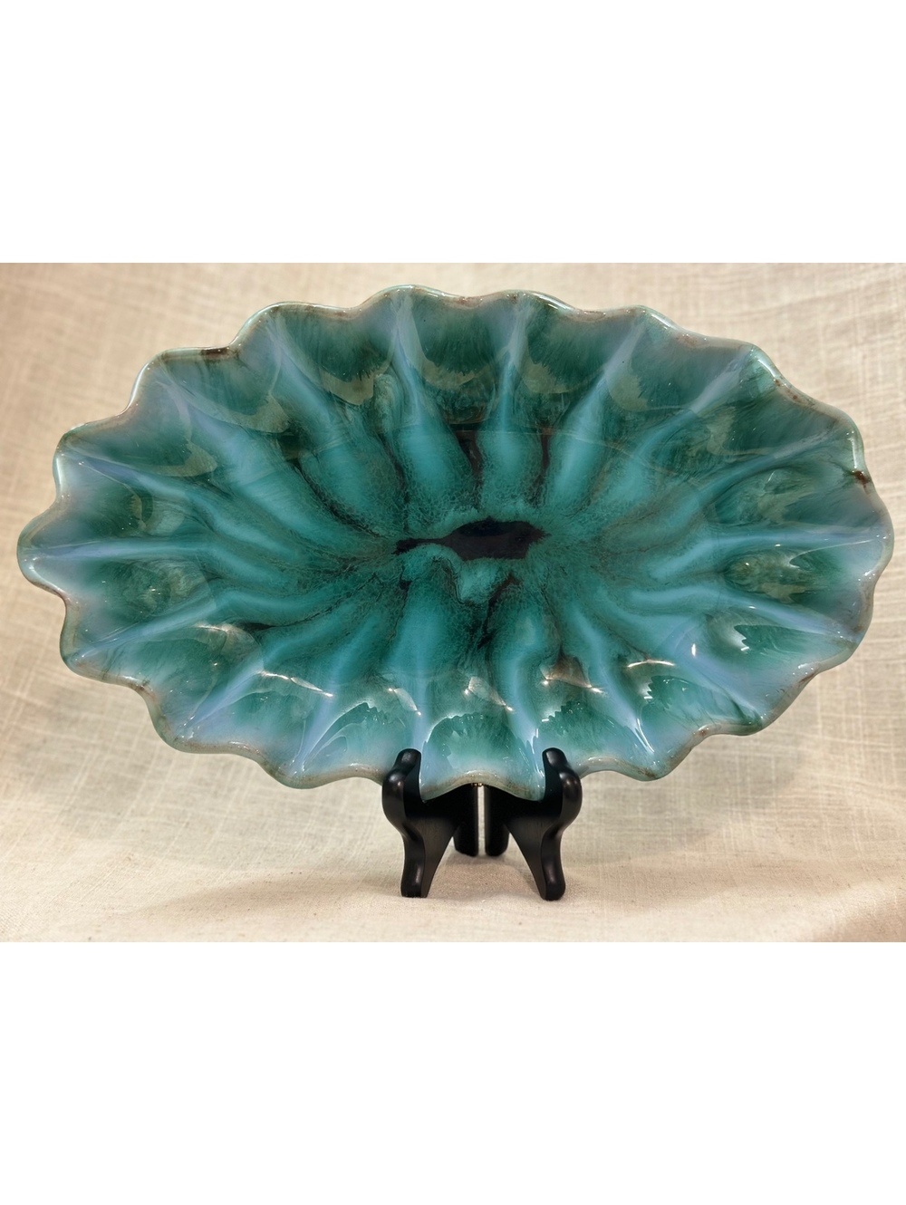 Vintage Blue Mountain Pottery 13" Wavy Ruffled Tray Canada Green Drip Glaze #2